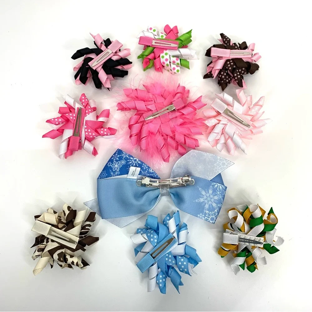 10 Piece Bundle Lot Boutique Girl’s Ribbon Hair Clips & Let It Go Bow Clip